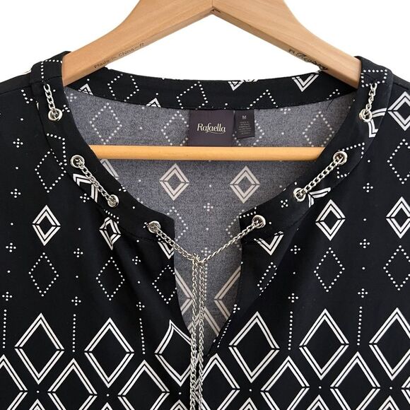 😊 3/$30 Rafaella Sz M Blouse 3/4 Length Sleeves V Neck Black with White Design - Picture 8 of 10